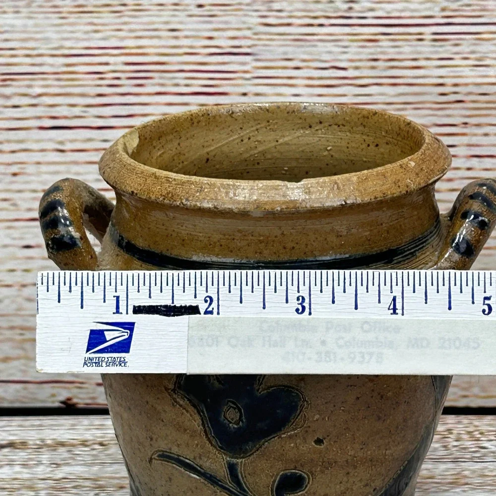 Handcrafted Salt‎ Glazed Stoneware Crock Cobalt Blue Floral Small 4.5 inch Jar